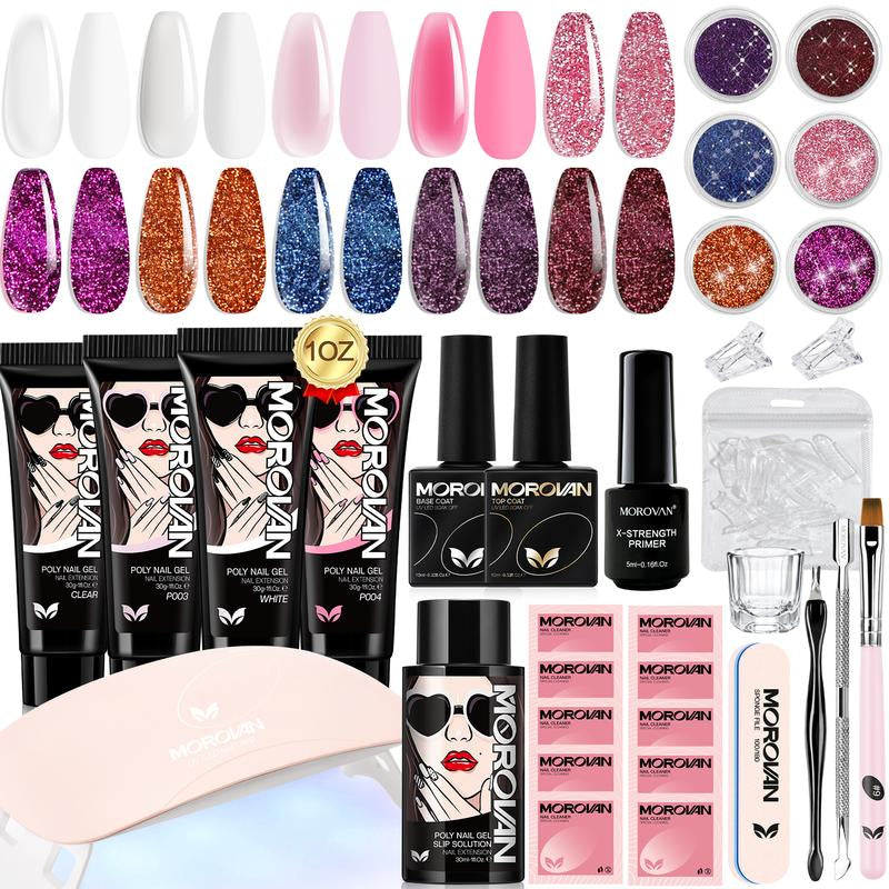 Morovan Poly Nail Gel Kit - 12 Colors Poly Gel Nail Kit with UV Light and Nail Drill for Beginners Poly Gel Extension Nail Kit All-In-One Nail Manicure Set DIY Salon Nail Art at Home