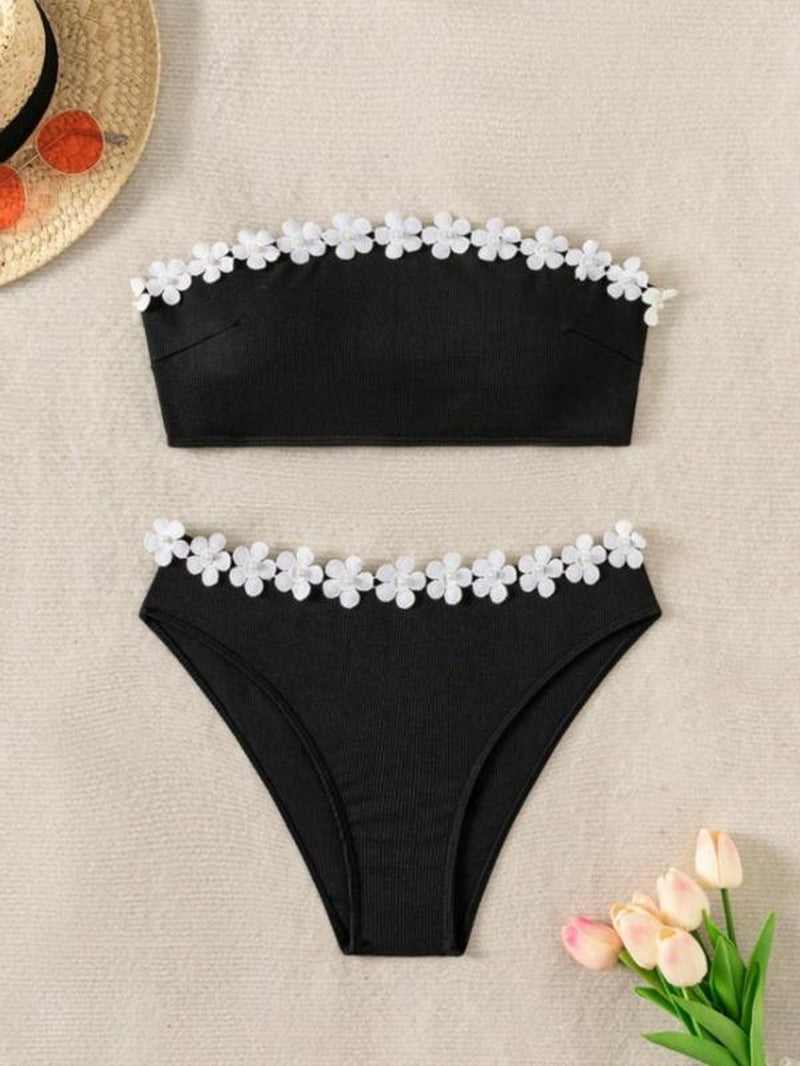 Two-Piece Set Women'S Plain Floral Decor Bikini Set, Casual Fashion Chic Swimsuit Set for Beach Holiday Vacation, Ladies Swimwear for All Seasons, Bikinis Sets, Swimsuit Style Bikini Outfits, Bikini Top Trunks
