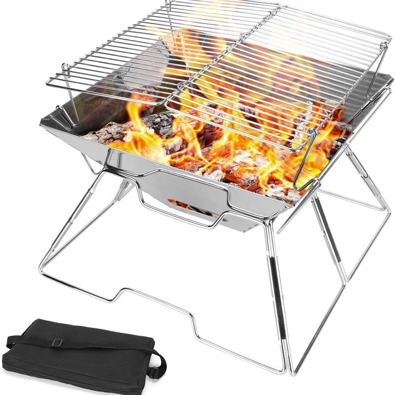 Odoland Camping Campfire Grill, Portable Folding Charcoal Grills, Backpacking BBQ Grill, Heavy Duty Firepit Grill with Carry Bag for Outdoor Cooking, Bonfire, Patio, Backyard