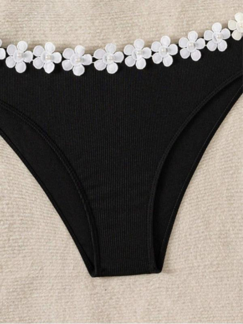Two-Piece Set Women'S Plain Floral Decor Bikini Set, Casual Fashion Chic Swimsuit Set for Beach Holiday Vacation, Ladies Swimwear for All Seasons, Bikinis Sets, Swimsuit Style Bikini Outfits, Bikini Top Trunks