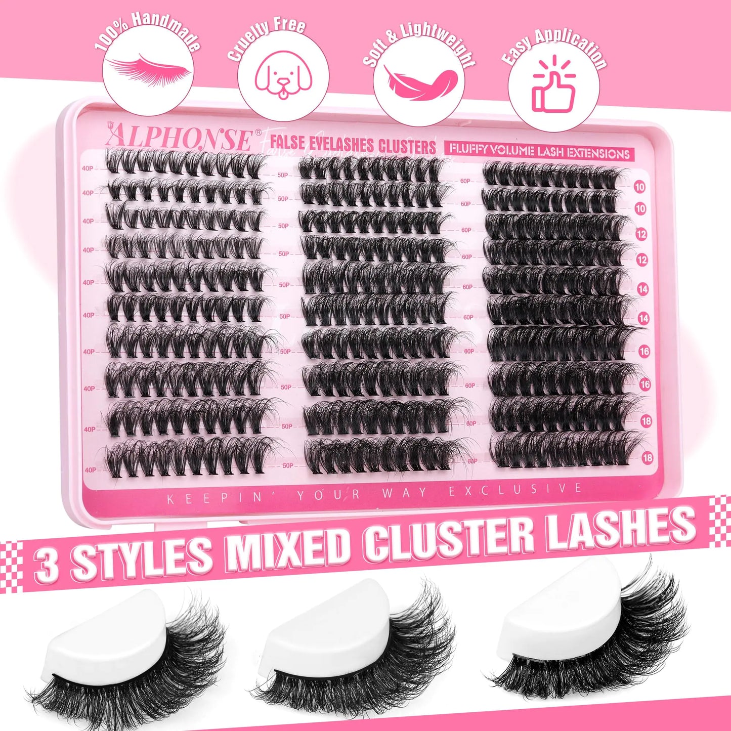 Lash Clusters Fluffy Lash Extension 10-18mm Wispy Cluster Eyelash Extensions DIY Individual Lashes ALPHONSE Pestañas Pelo a Pelo (40D+50D+60D, 300pcs) Ⅳ Fluffy 40+50+60D