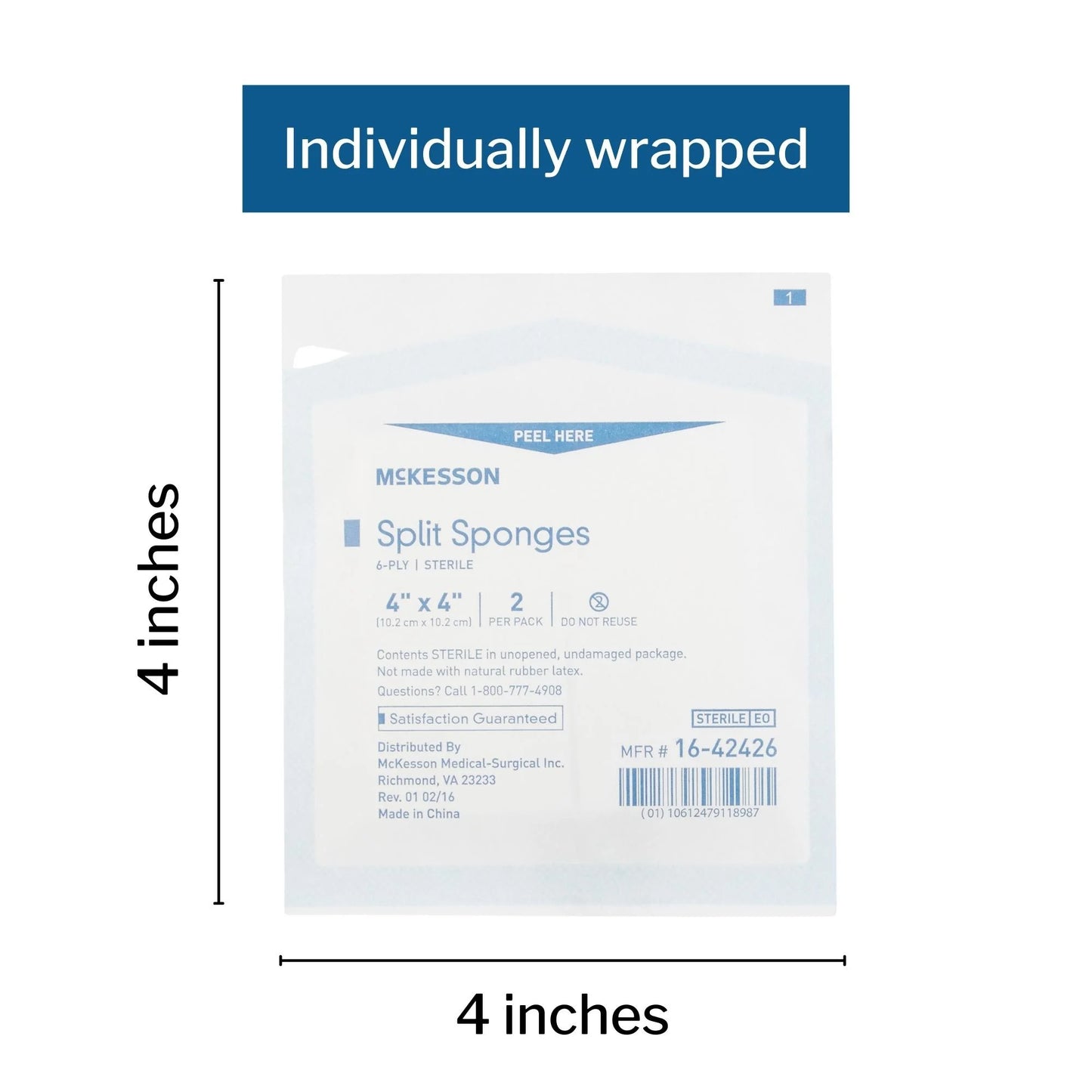Split Sponges, Sterile, I.V. and Tracheostomy Dressings, Polyester and Rayon Blend, 6-Ply, 4 In. X 4 In., 2 per Pack, 25 Packs, 50 Total