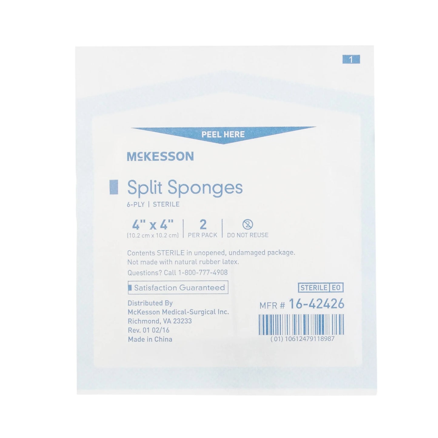 Split Sponges, Sterile, I.V. and Tracheostomy Dressings, Polyester and Rayon Blend, 6-Ply, 4 In. X 4 In., 2 per Pack, 25 Packs, 50 Total