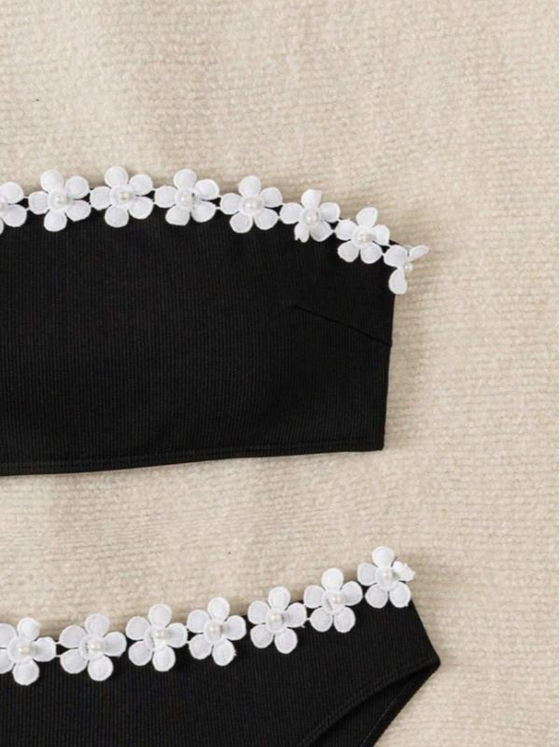 Two-Piece Set Women'S Plain Floral Decor Bikini Set, Casual Fashion Chic Swimsuit Set for Beach Holiday Vacation, Ladies Swimwear for All Seasons, Bikinis Sets, Swimsuit Style Bikini Outfits, Bikini Top Trunks