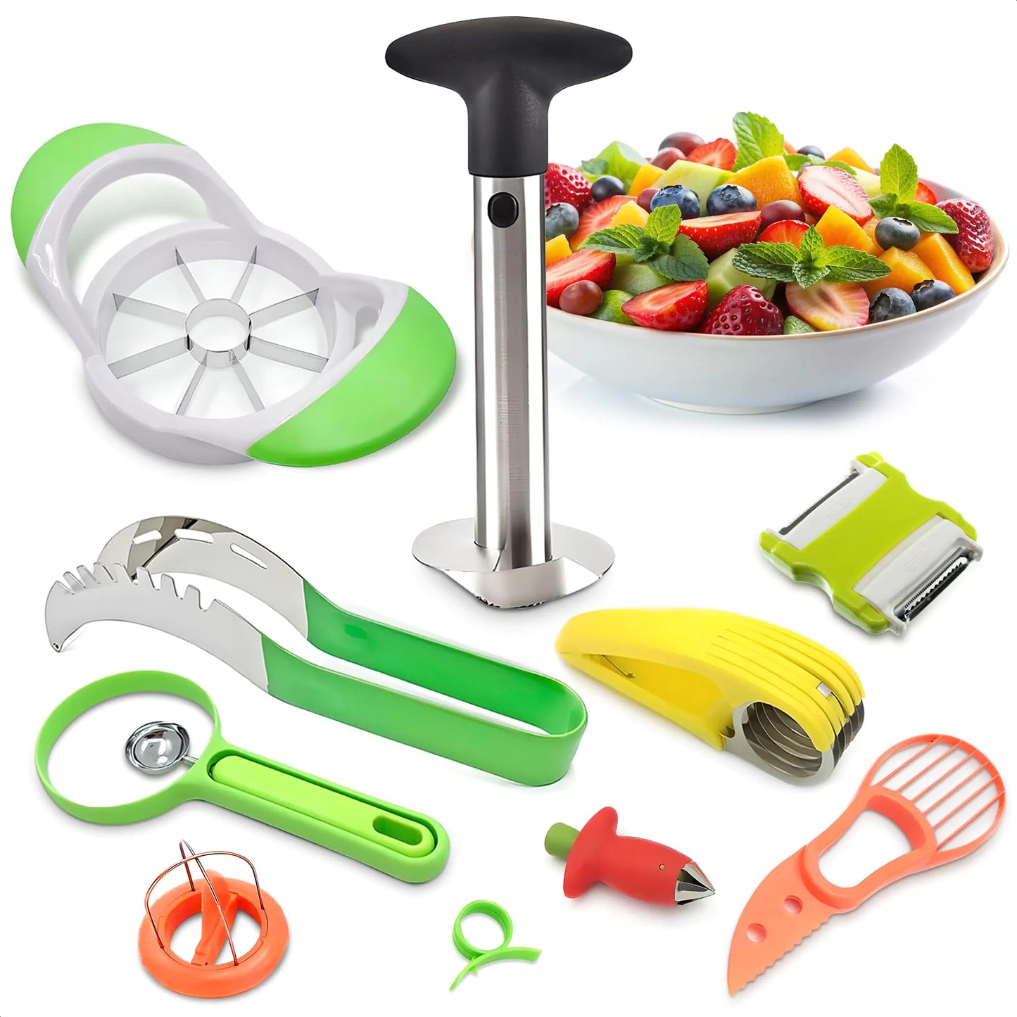 10 Pcs Fruit Slicer Set Fruit Cutting Tools - Pineapple Corer and Slicer Kiwi Cutter Apple Slicer and Corer Cantaloupe Cutter Strawberry Huller Watermelon Cutter Slicer Tool - Banana Cutter Slicer