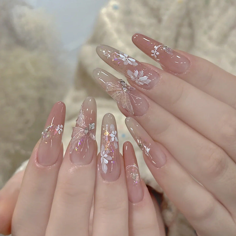 Wearing Nail Piece Advanced Summer Butterfly Flower Handmade Nail Patch Cat's Eye Rhinestone Fake Nail Piece Removable