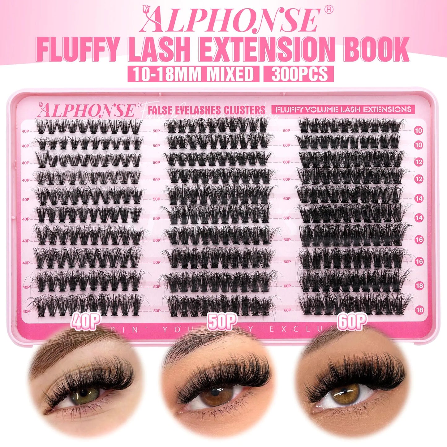 Lash Clusters Fluffy Lash Extension 10-18mm Wispy Cluster Eyelash Extensions DIY Individual Lashes ALPHONSE Pestañas Pelo a Pelo (40D+50D+60D, 300pcs) Ⅳ Fluffy 40+50+60D