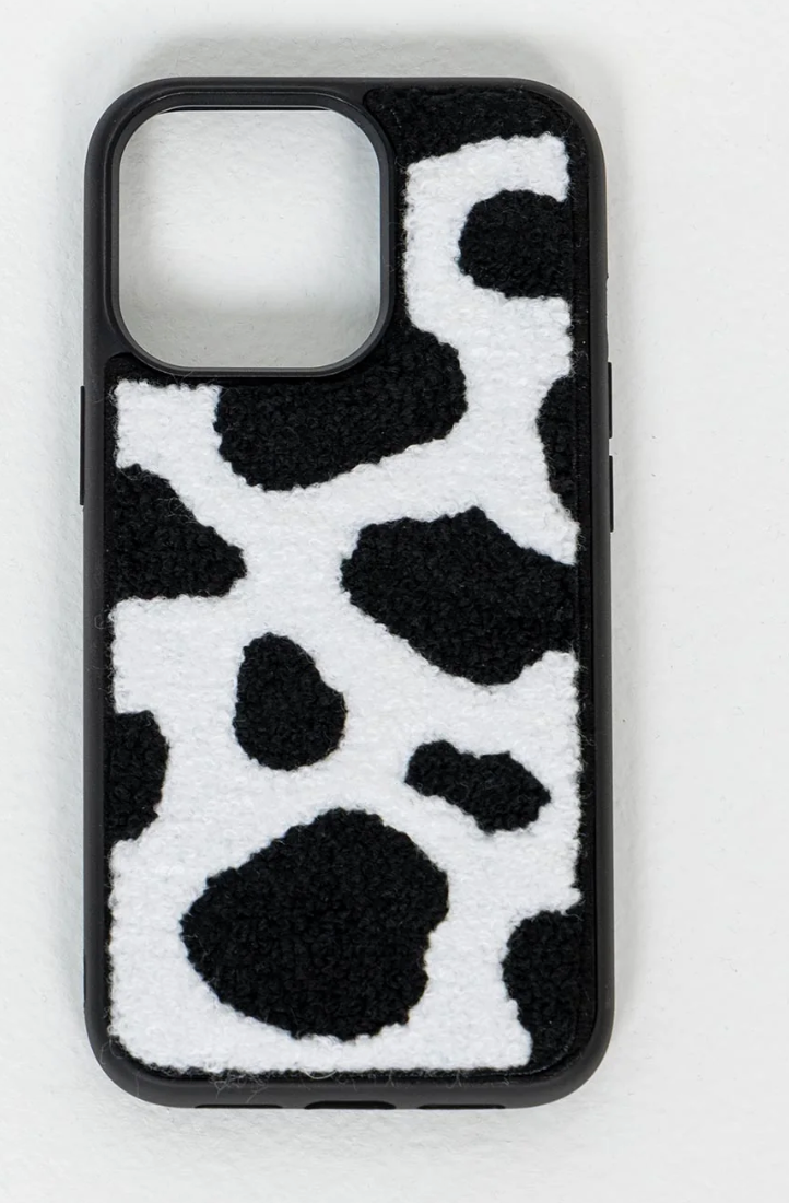 Black & White Dairy Cattle Cow Print Phone Case Compatible with iPhone 15 Pro Max,Cute Embroidery Winter Warm Fur Carpet Case,Soft Fluffy Case for iPhone 15 Pro Max 6.7'' 2023(Cow)
