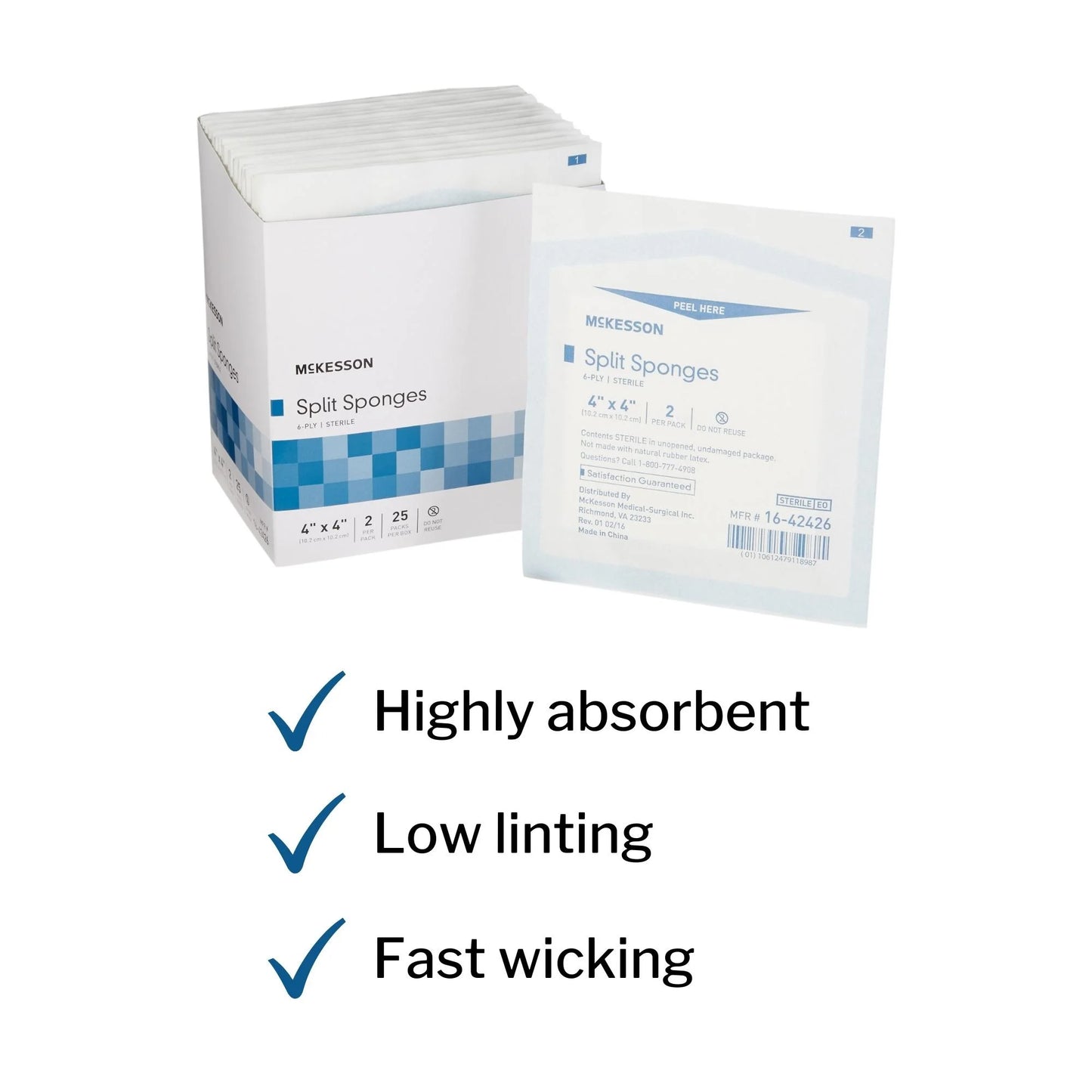 Split Sponges, Sterile, I.V. and Tracheostomy Dressings, Polyester and Rayon Blend, 6-Ply, 4 In. X 4 In., 2 per Pack, 25 Packs, 50 Total