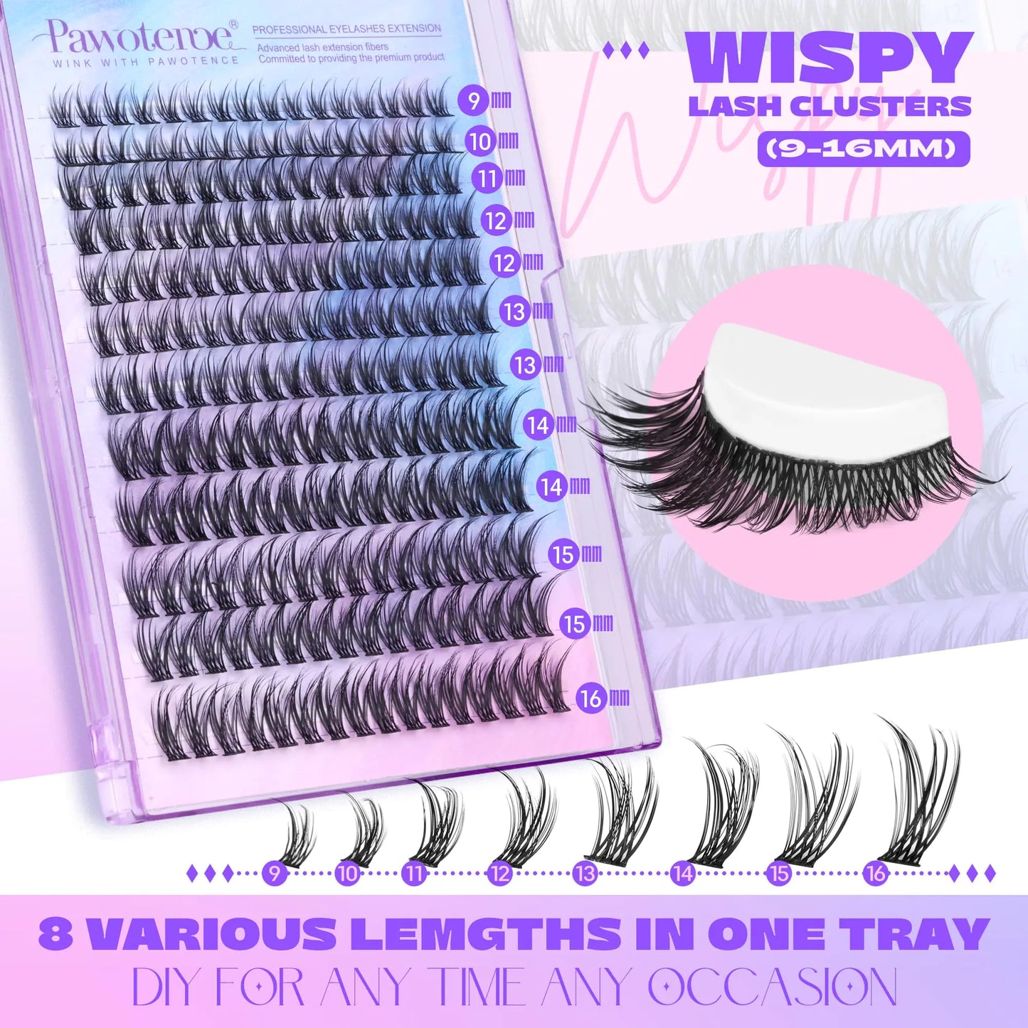 Pawotence Lash Clusters Wispy 9-16mm Individual Lashes Cluster Eyelash Extensions 192pcs Lash Extension DIY Soft Natural Eyelash Clusters with Thin Band CLUSTERS - Natural