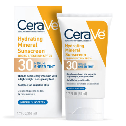 CeraVe Hydrating Mineral Sunscreen SPF 30 with Sheer Tint | Tinted Mineral Sunscreen with Zinc Oxide & Titanium Dioxide | Blends Seamlessly For Healthy Glow | Medium, 1.7 Fluid Ounce Fragrance Free