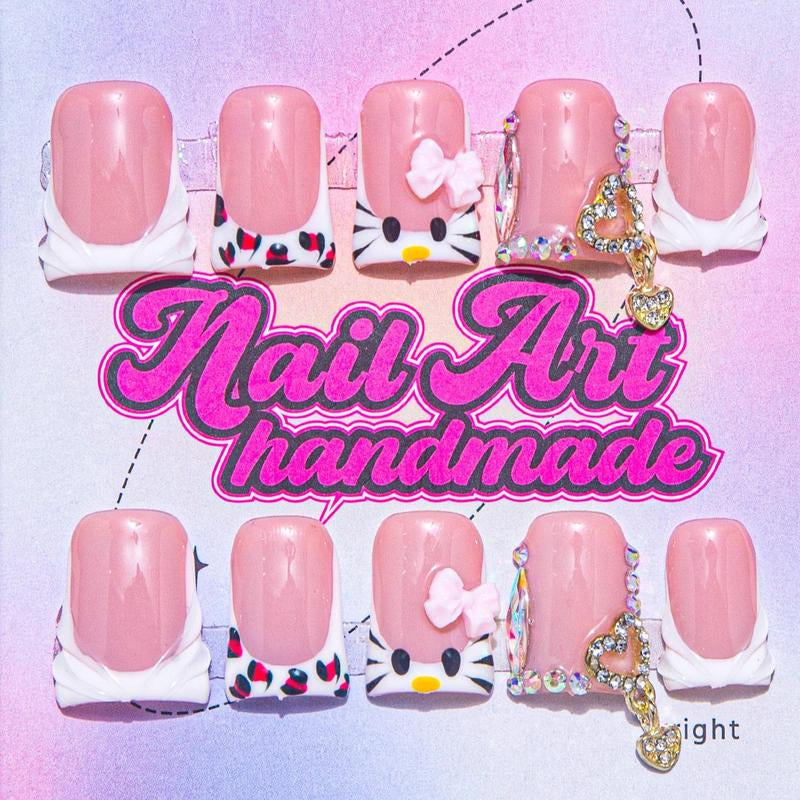Bow & Rhinestone Decoration Design Fake Nails, 10Pcs/Set Glossy False Nails for Women Girls Nail Art, Effortless Press on Nails Manicure Set, Nail Charms, Nail Supplies