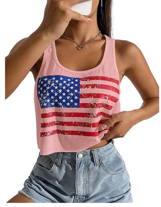 Womens Sexy American Flag Crop Tank 4th of July Patriotic Sleeveless Tee Tops (PinkM)