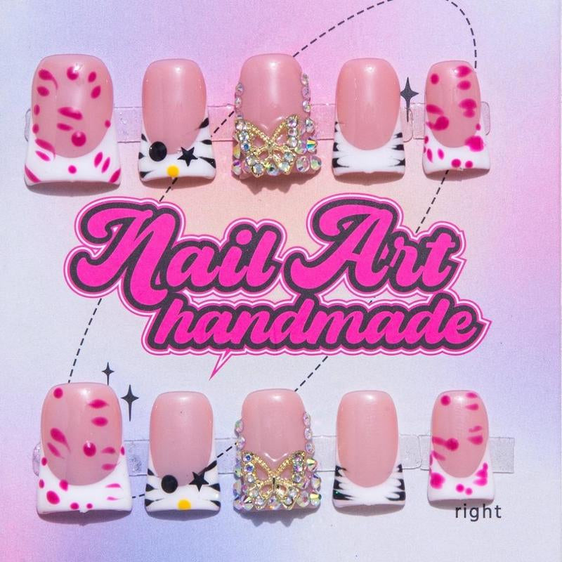 Bow & Rhinestone Decoration Design Fake Nails, 10Pcs/Set Glossy False Nails for Women Girls Nail Art, Effortless Press on Nails Manicure Set, Nail Charms, Nail Supplies