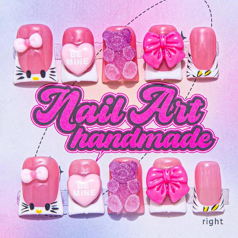 Bow & Rhinestone Decoration Design Fake Nails, 10Pcs/Set Glossy False Nails for Women Girls Nail Art, Effortless Press on Nails Manicure Set, Nail Charms, Nail Supplies