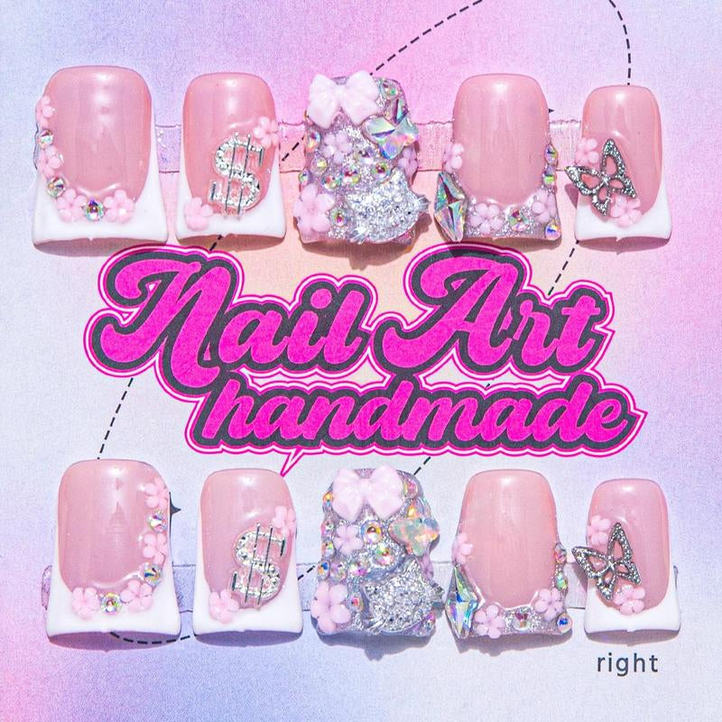 Bow & Rhinestone Decoration Design Fake Nails, 10Pcs/Set Glossy False Nails for Women Girls Nail Art, Effortless Press on Nails Manicure Set, Nail Charms, Nail Supplies