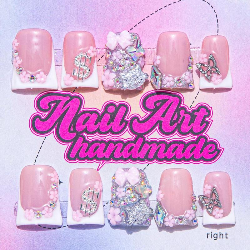 Bow & Rhinestone Decoration Design Fake Nails, 10Pcs/Set Glossy False Nails for Women Girls Nail Art, Effortless Press on Nails Manicure Set, Nail Charms, Nail Supplies