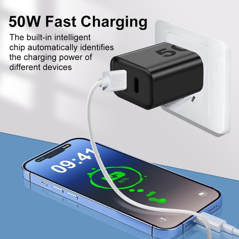 50W USB C Fast Charging Adapter Fast Charger with 6.6Ft 4-In-1 USB A+Type C Data Sync Led Cable for Iphone 16/15/14/13/12 Pro Max/Ipad/Airpods/Samsng/Xiaomi Series Phone Accessories
