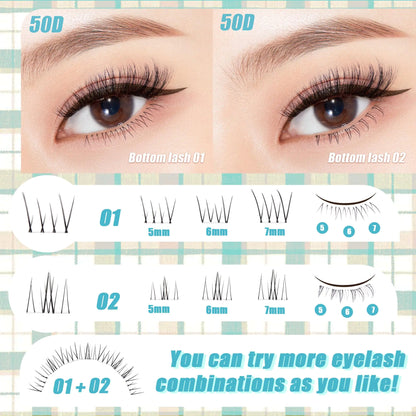 Lash Clusters Kit with Bottom Lashes, Lash Extension Kit With 30D40D50D60D Fluffy Upper Wispy Lash Clusters & 2 Type Bottom Lash Clusters,EyeLash Extension Kit with Black Bond & Clear Glue 2 In 1 Lash Clusters Kit with Bottom Lashes