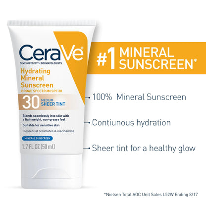 CeraVe Hydrating Mineral Sunscreen SPF 30 with Sheer Tint | Tinted Mineral Sunscreen with Zinc Oxide & Titanium Dioxide | Blends Seamlessly For Healthy Glow | Medium, 1.7 Fluid Ounce Fragrance Free