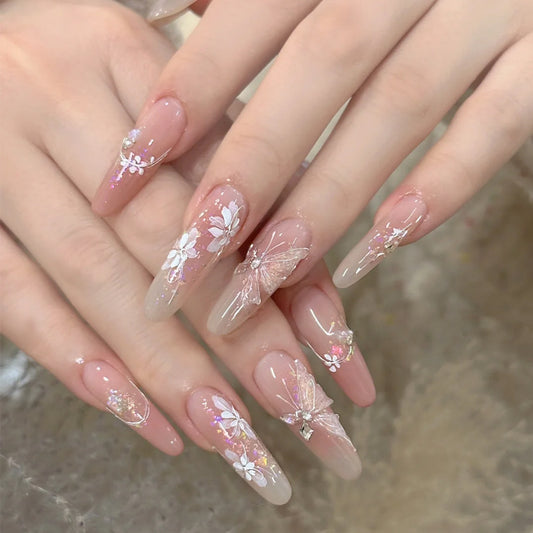 Wearing Nail Piece Advanced Summer Butterfly Flower Handmade Nail Patch Cat&#039;s Eye Rhinestone Fake Nail Piece Removable