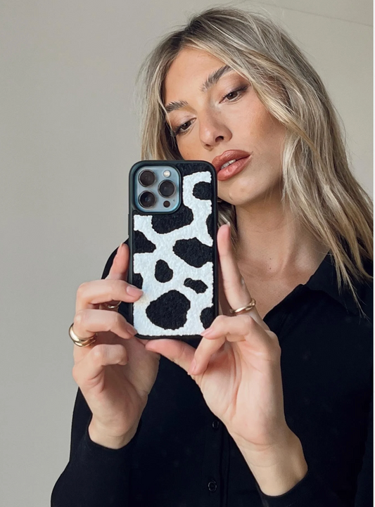 Black & White Dairy Cattle Cow Print Phone Case Compatible with iPhone 15 Pro Max,Cute Embroidery Winter Warm Fur Carpet Case,Soft Fluffy Case for iPhone 15 Pro Max 6.7'' 2023(Cow)