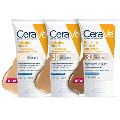 CeraVe Hydrating Mineral Sunscreen SPF 30 with Sheer Tint | Tinted Mineral Sunscreen with Zinc Oxide & Titanium Dioxide | Blends Seamlessly For Healthy Glow | Medium, 1.7 Fluid Ounce Fragrance Free