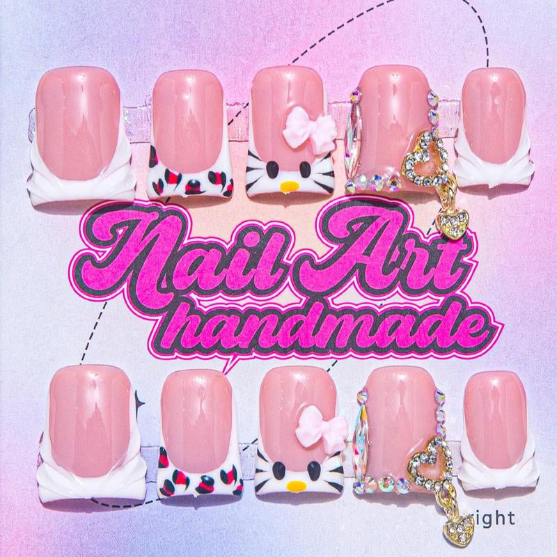 Bow & Rhinestone Decoration Design Fake Nails, 10Pcs/Set Glossy False Nails for Women Girls Nail Art, Effortless Press on Nails Manicure Set, Nail Charms, Nail Supplies