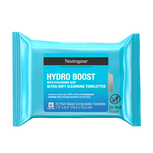 Neutrogena Hydro Boost Face Wipes + Hyaluronic Acid Hydrating Makeup Remover Wipes Remove Dirt & Waterproof Makeup Hypoallergenic 100% Plant-Based Cloth 25 ct