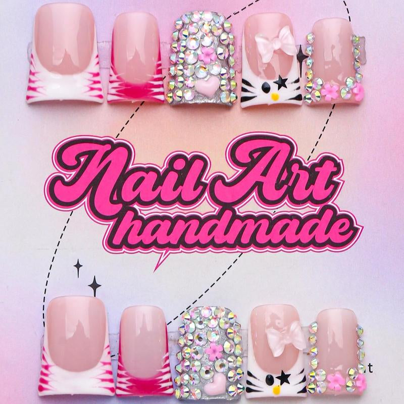 Bow & Rhinestone Decoration Design Fake Nails, 10Pcs/Set Glossy False Nails for Women Girls Nail Art, Effortless Press on Nails Manicure Set, Nail Charms, Nail Supplies