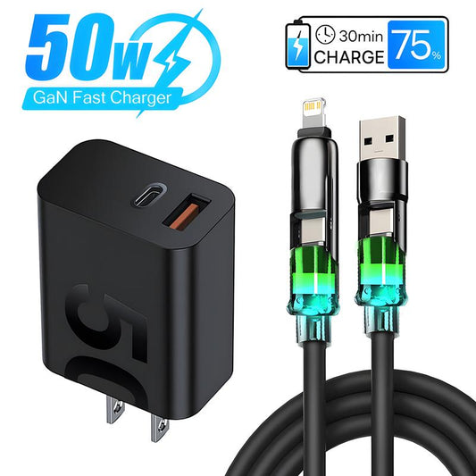50W USB C Fast Charging Adapter Fast Charger with 6.6Ft 4-In-1 USB A+Type C Data Sync Led Cable for Iphone 16/15/14/13/12 Pro Max/Ipad/Airpods/Samsng/Xiaomi Series Phone Accessories
