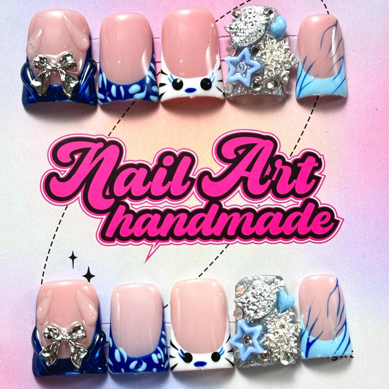 Bow & Rhinestone Decoration Design Fake Nails, 10Pcs/Set Glossy False Nails for Women Girls Nail Art, Effortless Press on Nails Manicure Set, Nail Charms, Nail Supplies