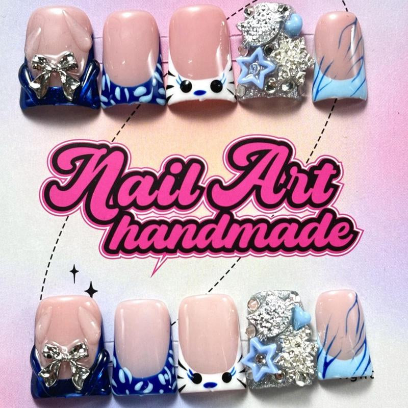 Bow & Rhinestone Decoration Design Fake Nails, 10Pcs/Set Glossy False Nails for Women Girls Nail Art, Effortless Press on Nails Manicure Set, Nail Charms, Nail Supplies
