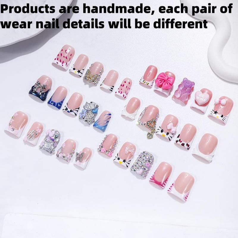 Bow & Rhinestone Decoration Design Fake Nails, 10Pcs/Set Glossy False Nails for Women Girls Nail Art, Effortless Press on Nails Manicure Set, Nail Charms, Nail Supplies