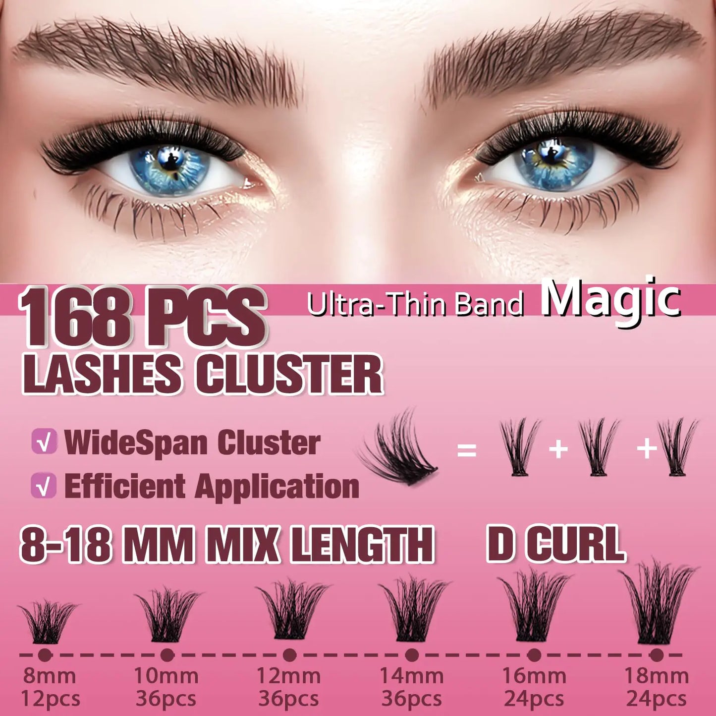 Magic Lash Clusters 8-18mm False Eyelashes Clusters - WideSpan Eyelash Clusters DIY Lash Extensions - Individual Cat-Eye Lashes Volume Lash Clusters Fake Eyelashes with Ultra-Thin Band Magic (Lashes Only)