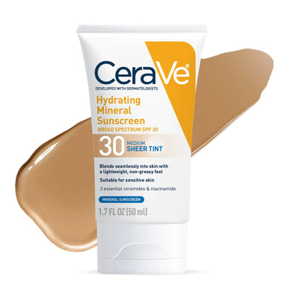 CeraVe Hydrating Mineral Sunscreen SPF 30 with Sheer Tint | Tinted Mineral Sunscreen with Zinc Oxide & Titanium Dioxide | Blends Seamlessly For Healthy Glow | Medium, 1.7 Fluid Ounce Fragrance Free