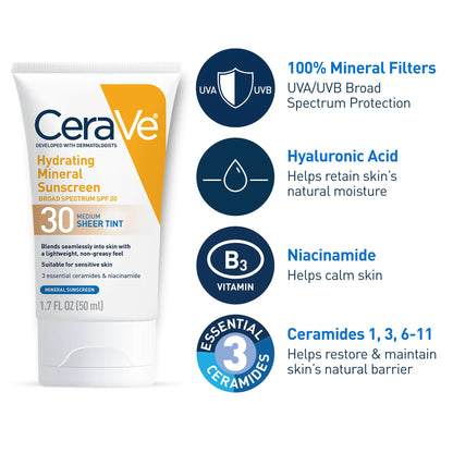 CeraVe Hydrating Mineral Sunscreen SPF 30 with Sheer Tint | Tinted Mineral Sunscreen with Zinc Oxide & Titanium Dioxide | Blends Seamlessly For Healthy Glow | Medium, 1.7 Fluid Ounce Fragrance Free