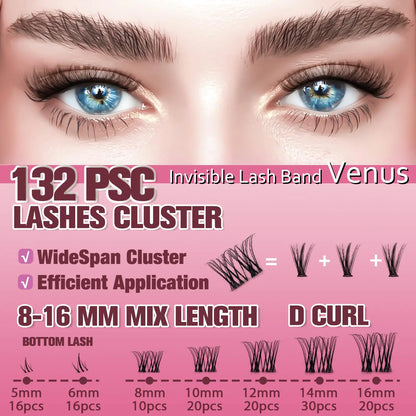 Venus Lash Clusters Kit 5-16mm False Eyelashes Clusters-Eyelash Clusters Natural Lashes DIY Lash Extensions Kit -Fake Eyelashes Clusters Wispy Lash Clusters with Invisible Lash Band & Bottom Lashes Venus-Kit