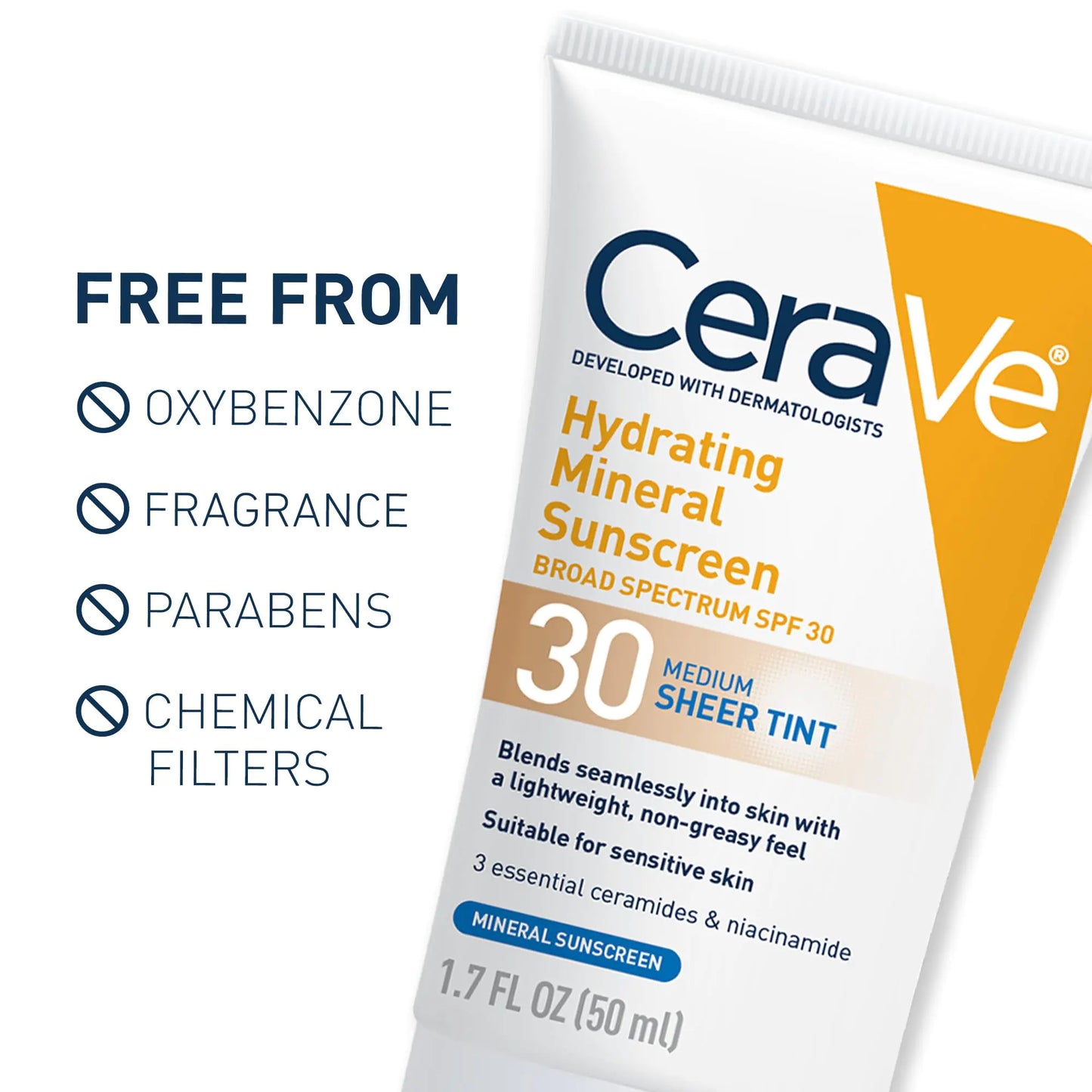 CeraVe Hydrating Mineral Sunscreen SPF 30 with Sheer Tint | Tinted Mineral Sunscreen with Zinc Oxide & Titanium Dioxide | Blends Seamlessly For Healthy Glow | Medium, 1.7 Fluid Ounce Fragrance Free