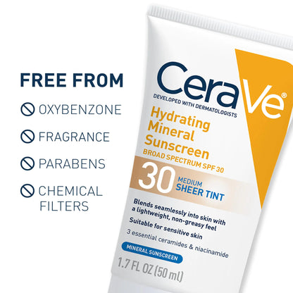 CeraVe Hydrating Mineral Sunscreen SPF 30 with Sheer Tint | Tinted Mineral Sunscreen with Zinc Oxide & Titanium Dioxide | Blends Seamlessly For Healthy Glow | Medium, 1.7 Fluid Ounce Fragrance Free