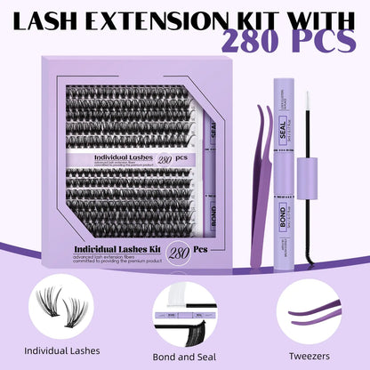 Lash Extension Kit for Beginners 280pcs Eyelash Extension Kit 30D 9-16 Mixed Lash Clusters Kit D Curl Lash Kit with Lash Bond and Seal Individual Lashes Kit DIY (KIT,30D-D-9-16MIX) Lash Cluster Kit-30D-D 9-16MIX