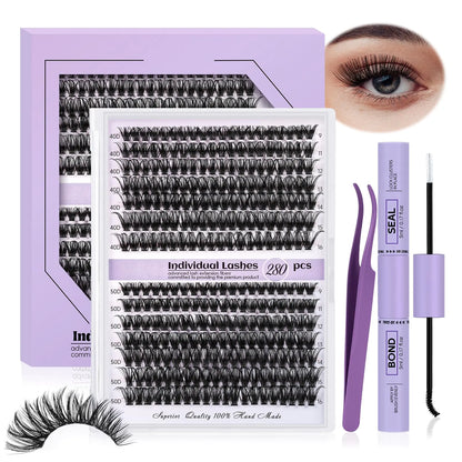 Lash Extension Kit for Beginners 280pcs Eyelash Extension Kit 30D 9-16 Mixed Lash Clusters Kit D Curl Lash Kit with Lash Bond and Seal Individual Lashes Kit DIY (KIT,30D-D-9-16MIX) Lash Cluster Kit-30D-D 9-16MIX