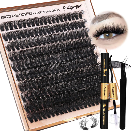 Focipeysa Eyelash Extension Kit, 200pcs 80D Mink Fur False Eyelashes, 10-18mm DIY Lash Clusters, Matte Black, Vegan, Cruelty Free, Includes Lash Bond & Remover, Tweezers 100C