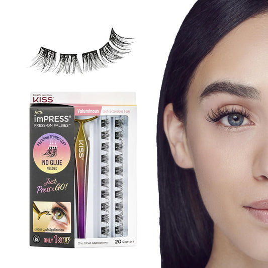 KISS imPRESS Falsies False Eyelashes, Lash Clusters, 'Voluminous', 14 mm, Includes 20 Clusters, 1 applicator, Contact Lens Friendly, Easy to Apply, Reusable Strip Lashes 21 Piece Set