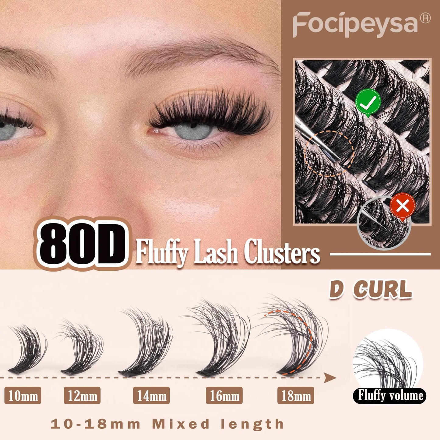 Focipeysa Eyelash Extension Kit, 200pcs 80D Mink Fur False Eyelashes, 10-18mm DIY Lash Clusters, Matte Black, Vegan, Cruelty Free, Includes Lash Bond & Remover, Tweezers 100C